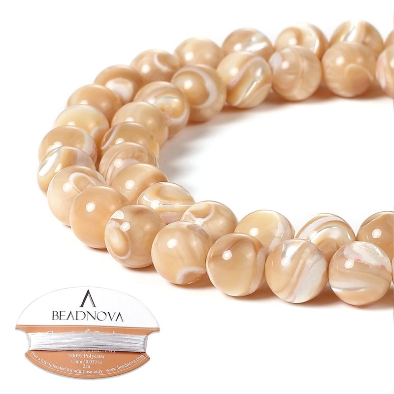 BEADNOVA Natural Mother of Pearl Nacre Conch Shell Beads Natural Crystal Beads Stone Gemstone Round Loose Energy Healing with Crystal Stretch Cord for Jewelry Making (8mm, 45-48pcs) - Image 1